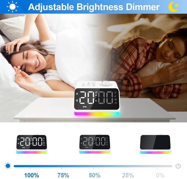 Alt view image 2 of 7 - Digital Alarm Clock with FM Radio for Bedroom, 8 Colors Night Light with 2 Charging Port, Sleep Sound Machines with Timer, Dual Alarm, Loud Alarm and Easy to Use for Seniors as Gift
