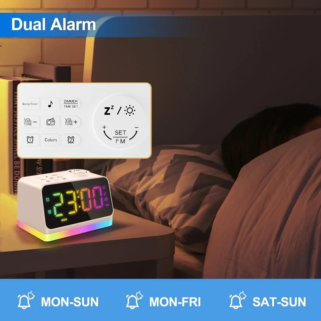 Alt view image 4 of 7 - Digital Alarm Clock with FM Radio for Bedroom, 8 Colors Night Light with 2 Charging Port, Sleep Sound Machines with Timer, Dual Alarm, Loud Alarm and Easy to Use for Seniors as Gift