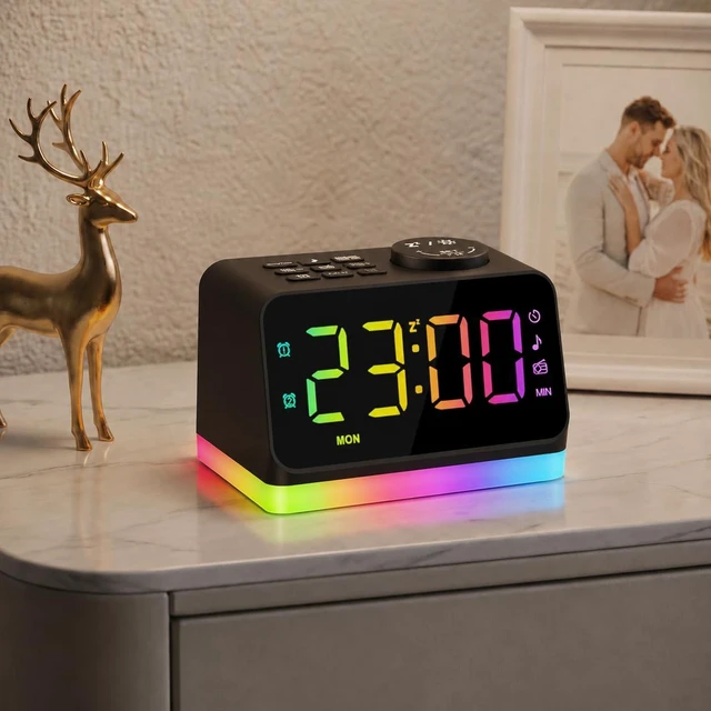 Main image of Digital Alarm Clock with FM Radio for Bedroom, 8 Colors Night Light with Charging Port, Sleep Sound Machines with Timer, Dual Alarm (Black with RGB Font)