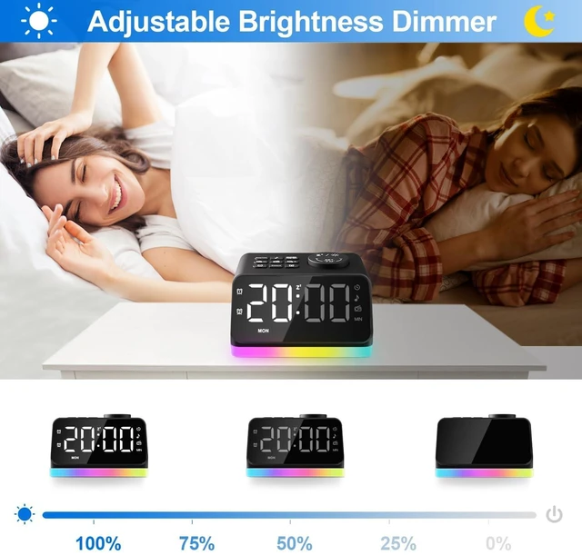 Alt view image 2 of 7 - Digital Alarm Clock with FM Radio for Bedroom, 8 Colors Night Light with Charging Port, Sleep Sound Machines with Timer, Dual Alarm (Black with RGB Font)