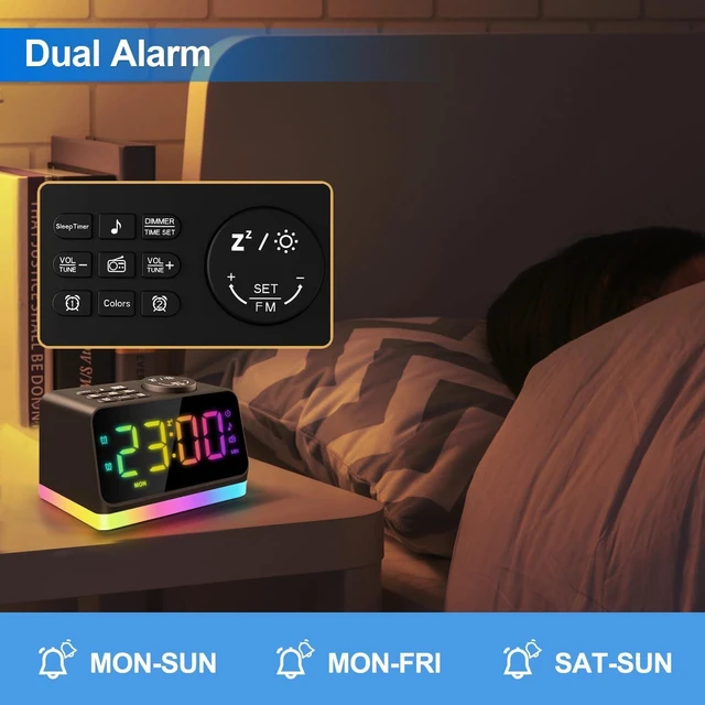 Alt view image 4 of 7 - Digital Alarm Clock with FM Radio for Bedroom, 8 Colors Night Light with Charging Port, Sleep Sound Machines with Timer, Dual Alarm (Black with RGB Font)