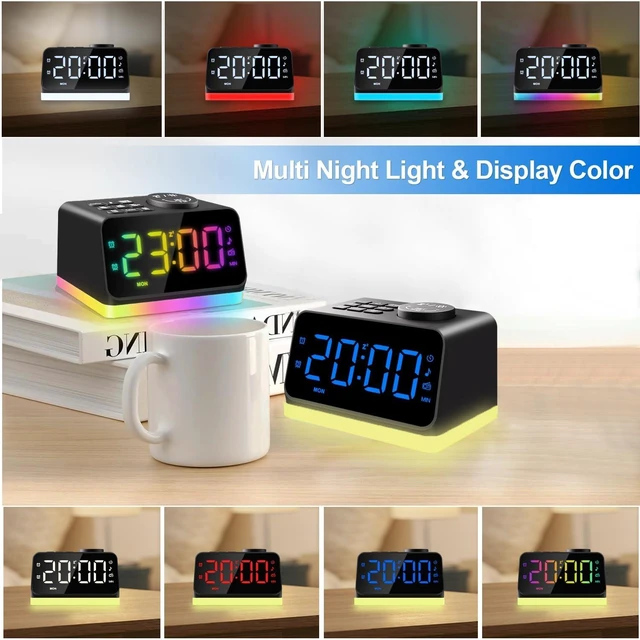 Alt view image 7 of 7 - Digital Alarm Clock with FM Radio for Bedroom, 8 Colors Night Light with Charging Port, Sleep Sound Machines with Timer, Dual Alarm (Black with RGB Font)