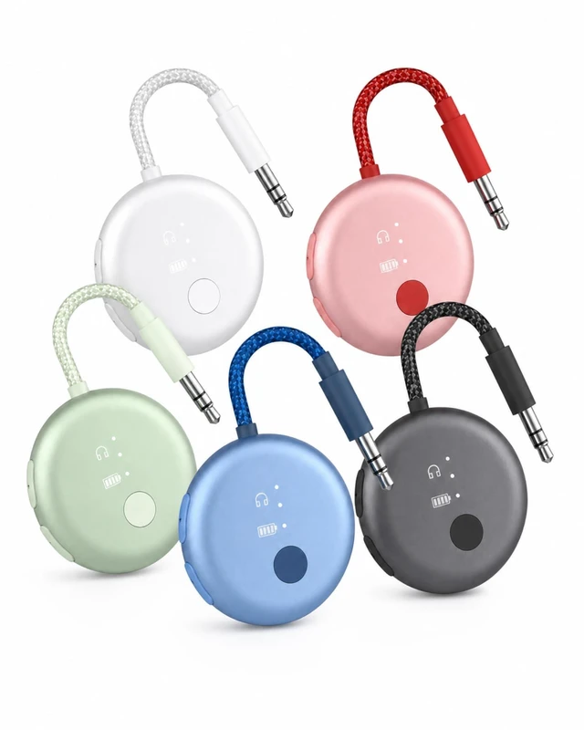 Main image of SoundJet R1 - Airplane Bluetooth Adapter for AirPods, 25H Qualcomm aptX Adaptive & HD, dual-headphone pairing, 25-hour battery, USB-C charging, and single/dual airline plugs