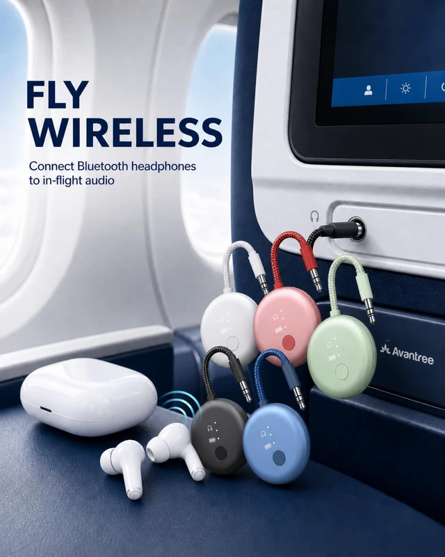 Alt view image 2 of 7 - SoundJet R1 - Airplane Bluetooth Adapter for AirPods, 25H Qualcomm aptX Adaptive & HD, dual-headphone pairing, 25-hour battery, USB-C charging, and single/dual airline plugs