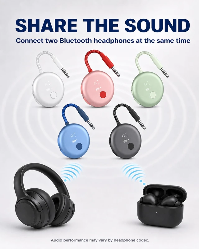 Alt view image 3 of 7 - SoundJet R1 - Airplane Bluetooth Adapter for AirPods, 25H Qualcomm aptX Adaptive & HD, dual-headphone pairing, 25-hour battery, USB-C charging, and single/dual airline plugs
