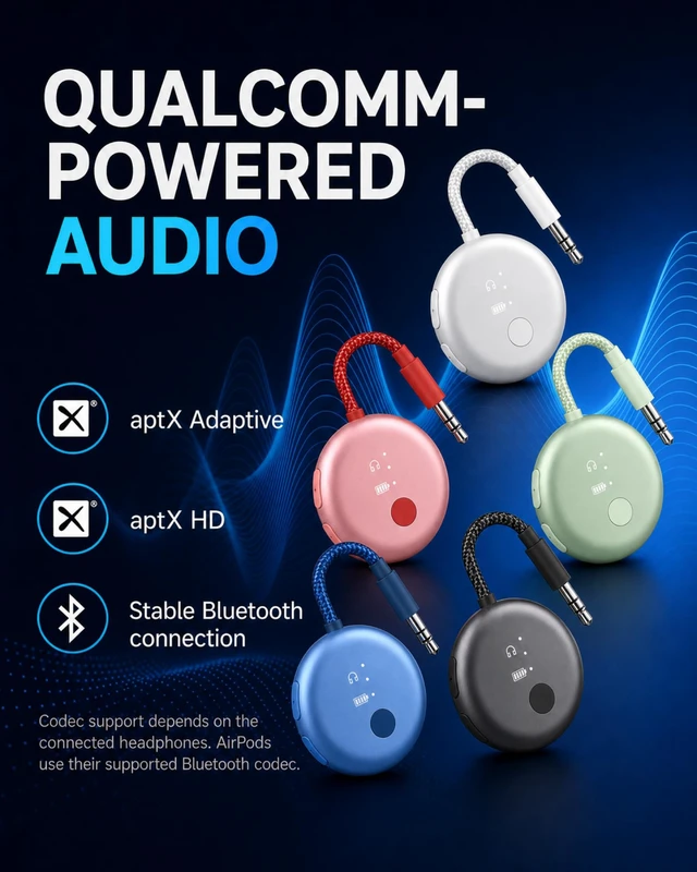 Alt view image 4 of 7 - SoundJet R1 - Airplane Bluetooth Adapter for AirPods, 25H Qualcomm aptX Adaptive & HD, dual-headphone pairing, 25-hour battery, USB-C charging, and single/dual airline plugs