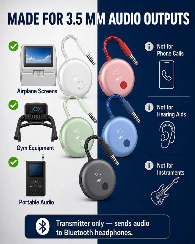 Alt view image 7 of 7 - SoundJet R1 - Airplane Bluetooth Adapter for AirPods, 25H Qualcomm aptX Adaptive & HD, dual-headphone pairing, 25-hour battery, USB-C charging, and single/dual airline plugs