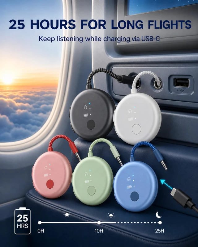 Alt view image 6 of 7 - SoundJet R1 - Airplane Bluetooth Adapter for AirPods, 25H Qualcomm aptX Adaptive & HD, dual-headphone pairing, 25-hour battery, USB-C charging, and single/dual airline plugs
