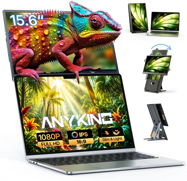 Main image of Laptop Screen Extender 15.6", 5 Modes & Detachable Slim Portable Monitor FHD 1080P, Fit for 12-17.3" Laptops, Plug & Play, Height Adjustable & Slide-rail Dual Travel Monitor Extender for Wins/Mac