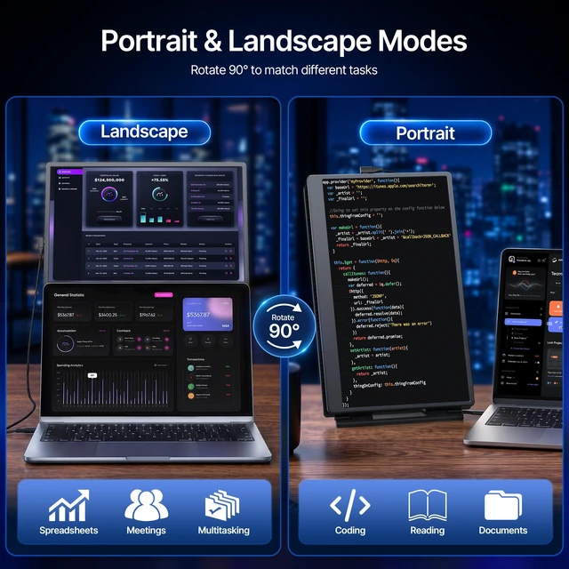 Alt view image 3 of 7 - Laptop Screen Extender 15.6", 5 Modes & Detachable Slim Portable Monitor FHD 1080P, Fit for 12-17.3" Laptops, Plug & Play, Height Adjustable & Slide-rail Dual Travel Monitor Extender for Wins/Mac