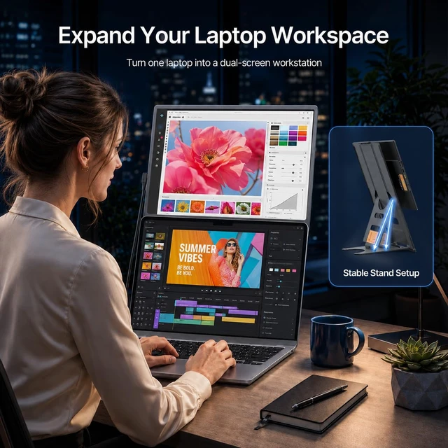 Alt view image 4 of 7 - Laptop Screen Extender 15.6", 5 Modes & Detachable Slim Portable Monitor FHD 1080P, Fit for 12-17.3" Laptops, Plug & Play, Height Adjustable & Slide-rail Dual Travel Monitor Extender for Wins/Mac