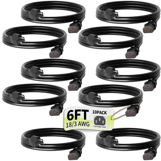 Main image of Universal 6ft 10 Pack Power Cord, 3-Prong Pure Copper ETL, Black 10 Amps 125 Volts NEMA 5-15P to C13 AC Cable for TV Monitor PC Printer PlayStation Samsung Dell HP Sony LG Apple Vizio Asus