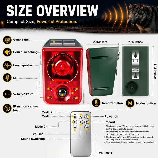 Alt view image 2 of 7 - Solar Outdoor Motion Sensor Alarm Dog Barking Gunshot Sound 130dB Support Recording and Adjustable Volume,Loud Noise Maker 3 Work Modes Strobe Light for Home, Villa, Farm, Barn (2pack)