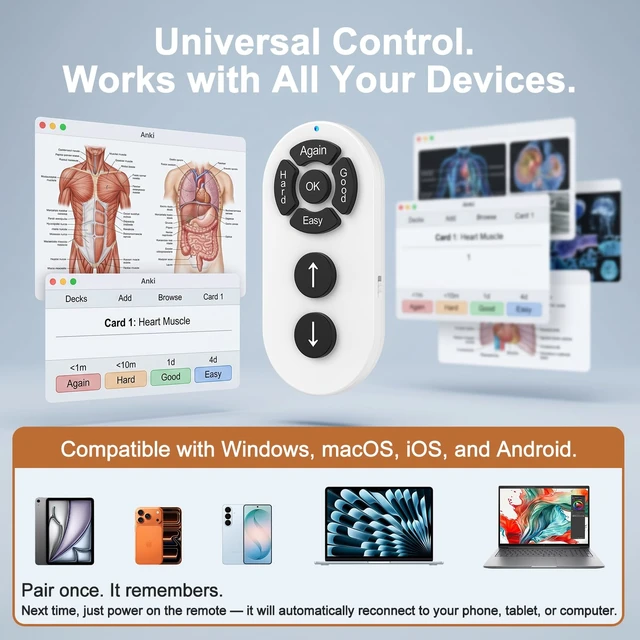 Alt view image 6 of 7 - Remote for Anki,No Remap,Compatible with Mac,PC,iOS,Android,White Screen-Matched Button Labels, Fast Pair, No Add-ons, For Mac/iPad/iPhone/Android/Windows, Portable Design