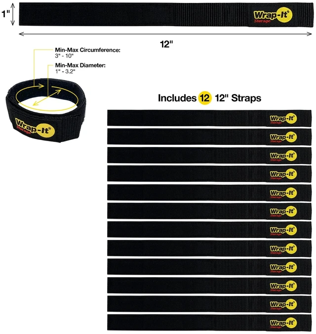 Alt view image 3 of 7 - Quick-Straps by 12 (12-Pack) Black Hook and Loop Cord Wraps for Cable Storage and Organization