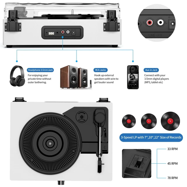Alt view image 3 of 7 - Vintage Wooden Record Player with Bluetooth 3-Speed Belt-Driven Turntable Built-in Speakers, Beginner Friendly Retro Phonograph for Home Decor, for Vinyl Enthusiasts White