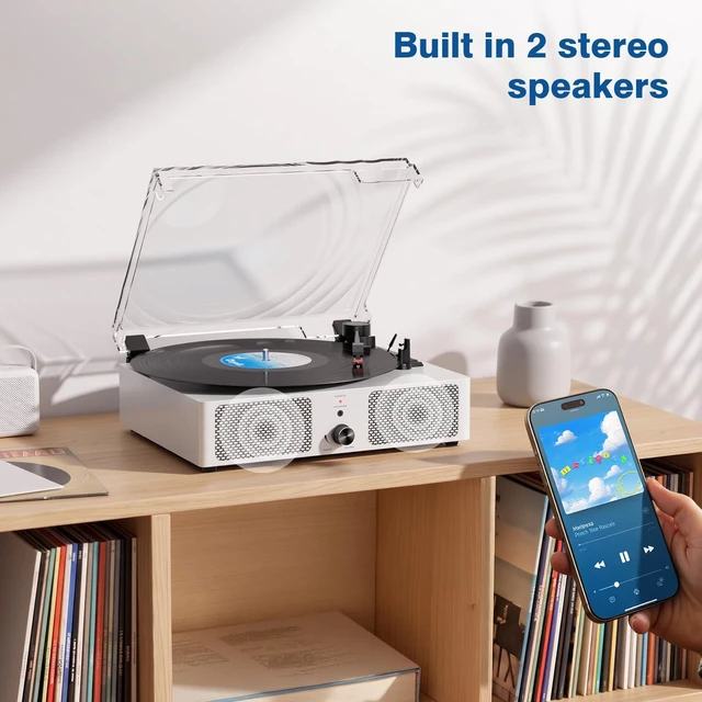Alt view image 5 of 7 - Vintage Wooden Record Player with Bluetooth 3-Speed Belt-Driven Turntable Built-in Speakers, Beginner Friendly Retro Phonograph for Home Decor, for Vinyl Enthusiasts White