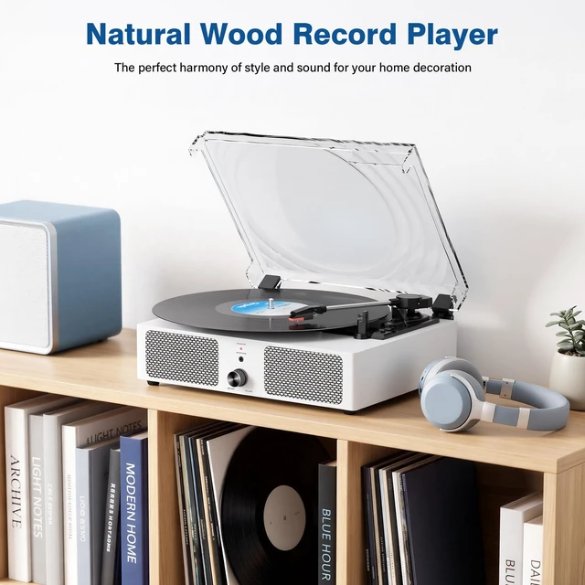 Alt view image 6 of 7 - Vintage Wooden Record Player with Bluetooth 3-Speed Belt-Driven Turntable Built-in Speakers, Beginner Friendly Retro Phonograph for Home Decor, for Vinyl Enthusiasts White