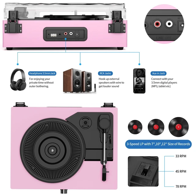 Alt view image 3 of 7 - Vintage Wooden Record Player with Bluetooth 3-Speed Belt-Driven Turntable Built-in Speakers, Beginner Friendly Retro Phonograph for Home Decor, for Vinyl Enthusiasts (Pink)