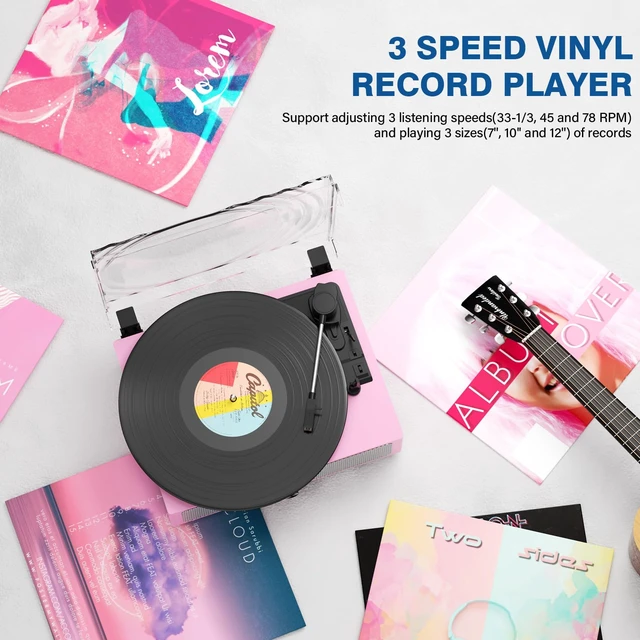 Alt view image 4 of 7 - Vintage Wooden Record Player with Bluetooth 3-Speed Belt-Driven Turntable Built-in Speakers, Beginner Friendly Retro Phonograph for Home Decor, for Vinyl Enthusiasts (Pink)