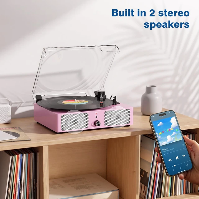 Alt view image 5 of 7 - Vintage Wooden Record Player with Bluetooth 3-Speed Belt-Driven Turntable Built-in Speakers, Beginner Friendly Retro Phonograph for Home Decor, for Vinyl Enthusiasts (Pink)
