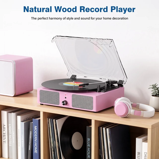 Alt view image 6 of 7 - Vintage Wooden Record Player with Bluetooth 3-Speed Belt-Driven Turntable Built-in Speakers, Beginner Friendly Retro Phonograph for Home Decor, for Vinyl Enthusiasts (Pink)