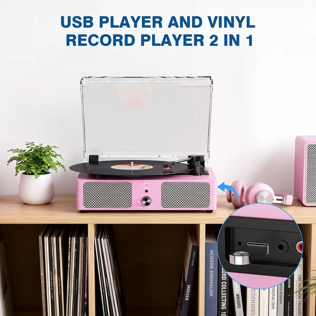 Alt view image 7 of 7 - Vintage Wooden Record Player with Bluetooth 3-Speed Belt-Driven Turntable Built-in Speakers, Beginner Friendly Retro Phonograph for Home Decor, for Vinyl Enthusiasts (Pink)