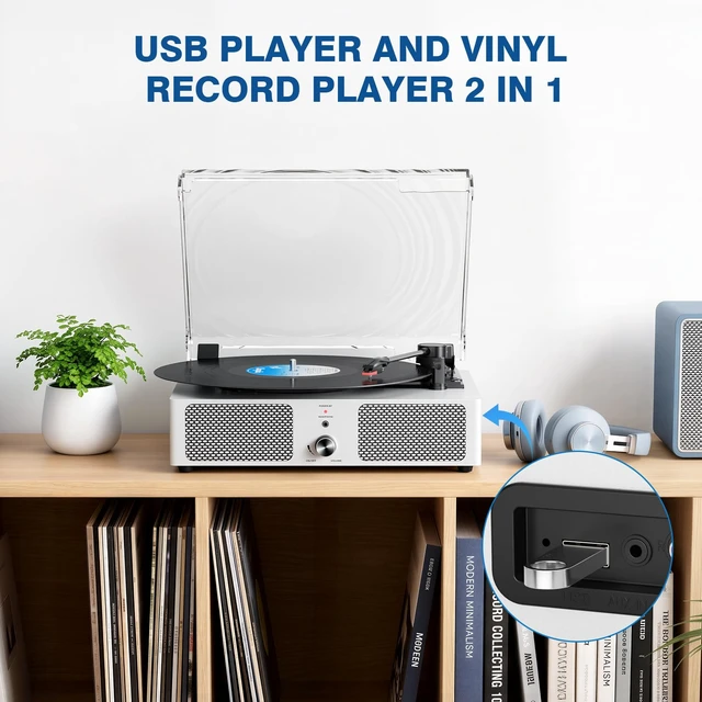 Alt view image 7 of 7 - Vintage Wooden Record Player with Bluetooth 3-Speed Belt-Driven Turntable Built-in Speakers, Beginner Friendly Retro Phonograph for Home Decor, for Vinyl Enthusiasts White