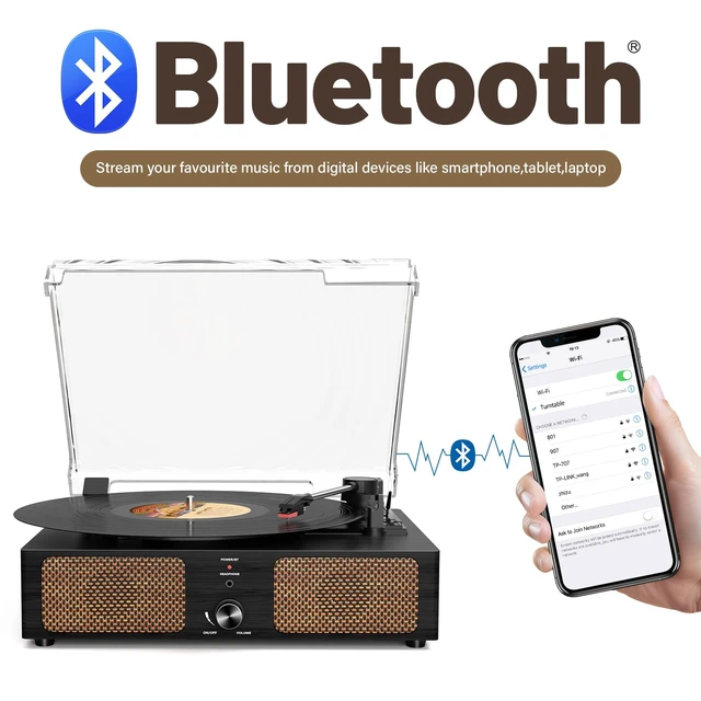 Alt view image 2 of 7 - Vintage Wooden Record Player with Bluetooth 3-Speed Belt-Driven Turntable Built-in Speakers, Beginner Friendly Retro Phonograph for Home Decor, for Vinyl Enthusiasts Black