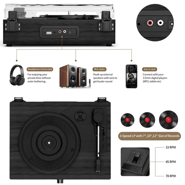 Alt view image 3 of 7 - Vintage Wooden Record Player with Bluetooth 3-Speed Belt-Driven Turntable Built-in Speakers, Beginner Friendly Retro Phonograph for Home Decor, for Vinyl Enthusiasts Black