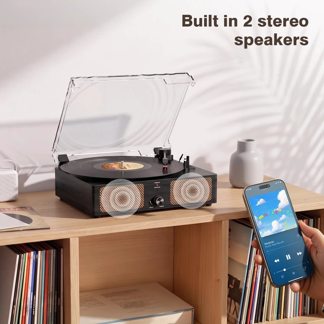 Alt view image 5 of 7 - Vintage Wooden Record Player with Bluetooth 3-Speed Belt-Driven Turntable Built-in Speakers, Beginner Friendly Retro Phonograph for Home Decor, for Vinyl Enthusiasts Black