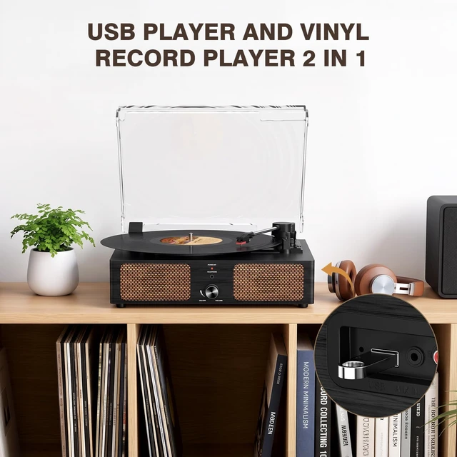 Alt view image 7 of 7 - Vintage Wooden Record Player with Bluetooth 3-Speed Belt-Driven Turntable Built-in Speakers, Beginner Friendly Retro Phonograph for Home Decor, for Vinyl Enthusiasts Black
