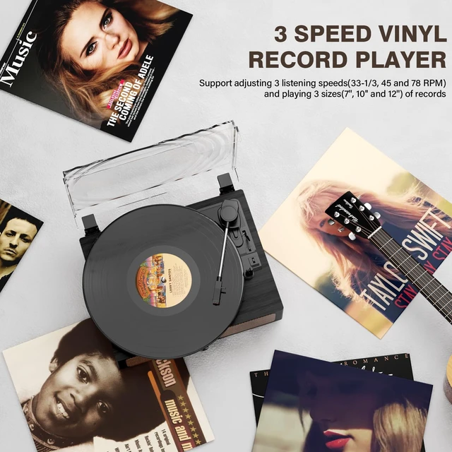 Alt view image 4 of 7 - Vintage Wooden Record Player with Bluetooth 3-Speed Belt-Driven Turntable Built-in Speakers, Beginner Friendly Retro Phonograph for Home Decor, for Vinyl Enthusiasts Black