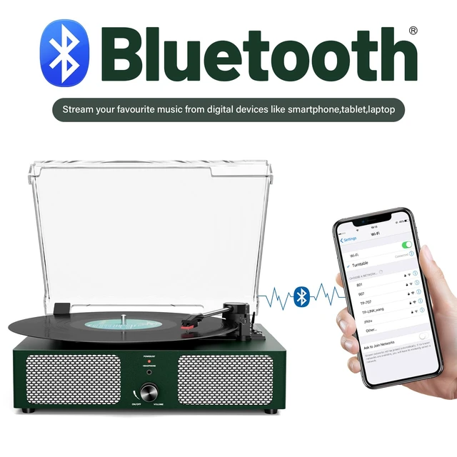 Alt view image 2 of 7 - Vintage Wooden Record Player with Bluetooth 3-Speed Belt-Driven Turntable Built-in Speakers, Beginner Friendly Retro Phonograph for Home Decor, for Vinyl Enthusiasts (Emerald Green)