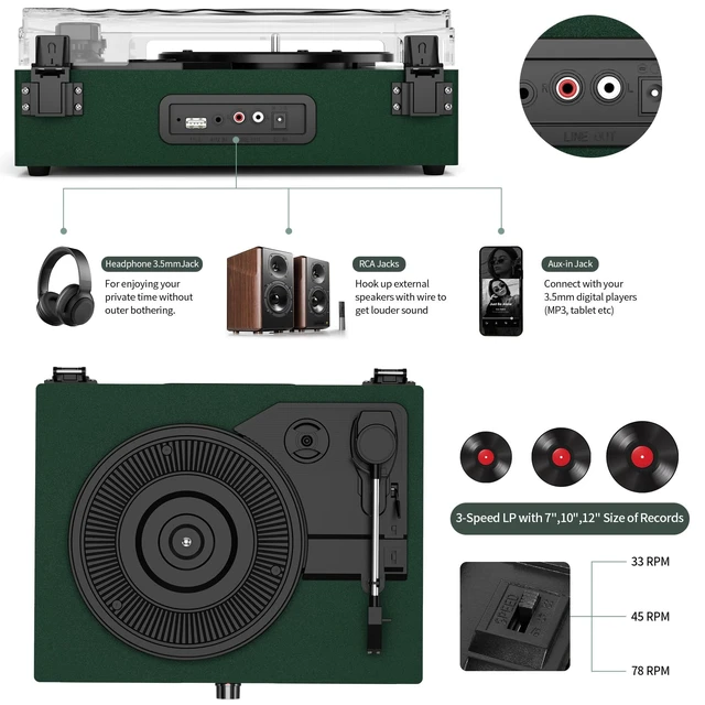 Alt view image 3 of 7 - Vintage Wooden Record Player with Bluetooth 3-Speed Belt-Driven Turntable Built-in Speakers, Beginner Friendly Retro Phonograph for Home Decor, for Vinyl Enthusiasts (Emerald Green)