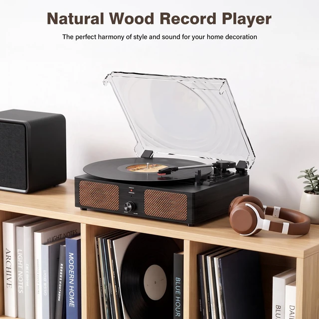 Alt view image 6 of 7 - Vintage Wooden Record Player with Bluetooth 3-Speed Belt-Driven Turntable Built-in Speakers, Beginner Friendly Retro Phonograph for Home Decor, for Vinyl Enthusiasts Black