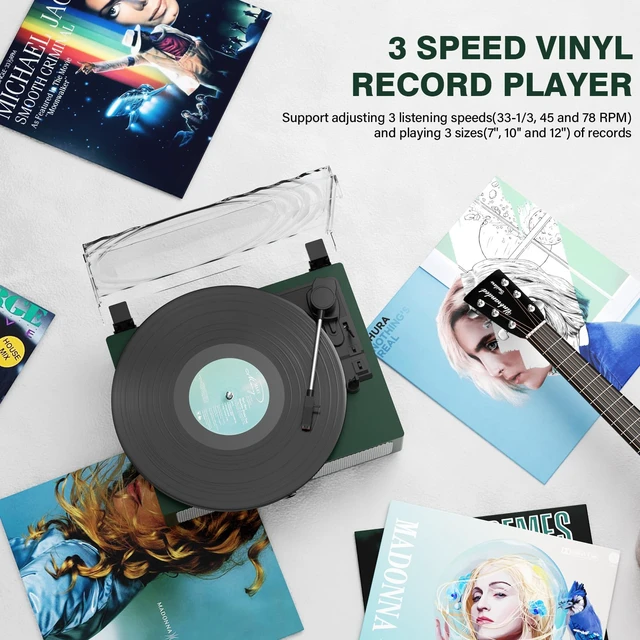 Alt view image 4 of 7 - Vintage Wooden Record Player with Bluetooth 3-Speed Belt-Driven Turntable Built-in Speakers, Beginner Friendly Retro Phonograph for Home Decor, for Vinyl Enthusiasts (Emerald Green)