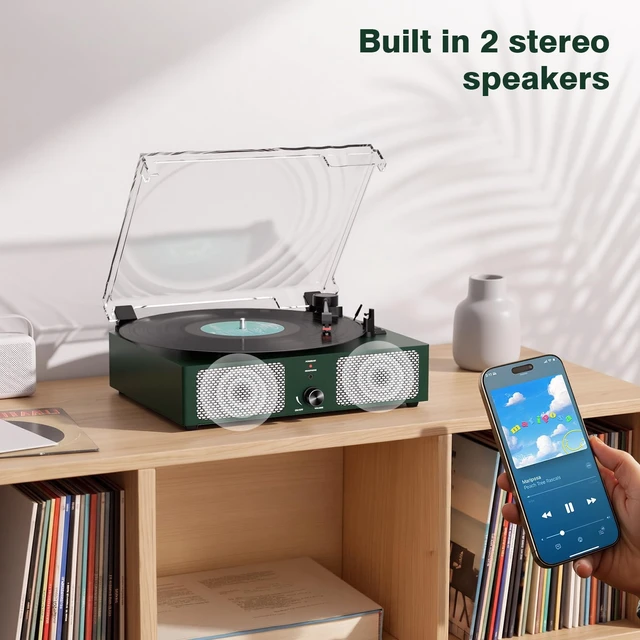 Alt view image 5 of 7 - Vintage Wooden Record Player with Bluetooth 3-Speed Belt-Driven Turntable Built-in Speakers, Beginner Friendly Retro Phonograph for Home Decor, for Vinyl Enthusiasts (Emerald Green)