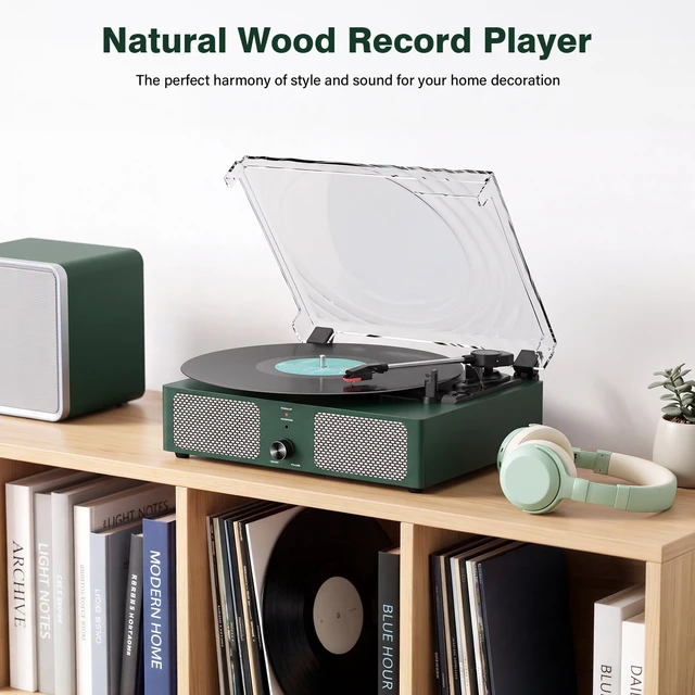 Alt view image 6 of 7 - Vintage Wooden Record Player with Bluetooth 3-Speed Belt-Driven Turntable Built-in Speakers, Beginner Friendly Retro Phonograph for Home Decor, for Vinyl Enthusiasts (Emerald Green)