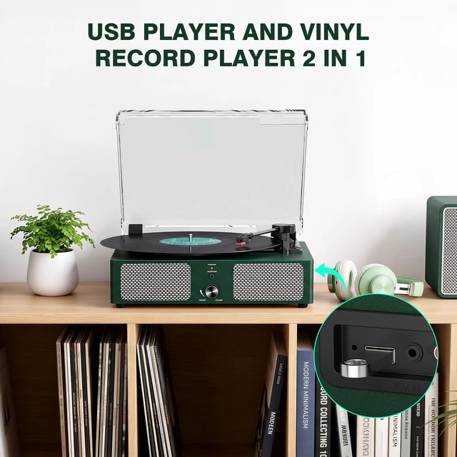 Alt view image 7 of 7 - Vintage Wooden Record Player with Bluetooth 3-Speed Belt-Driven Turntable Built-in Speakers, Beginner Friendly Retro Phonograph for Home Decor, for Vinyl Enthusiasts (Emerald Green)