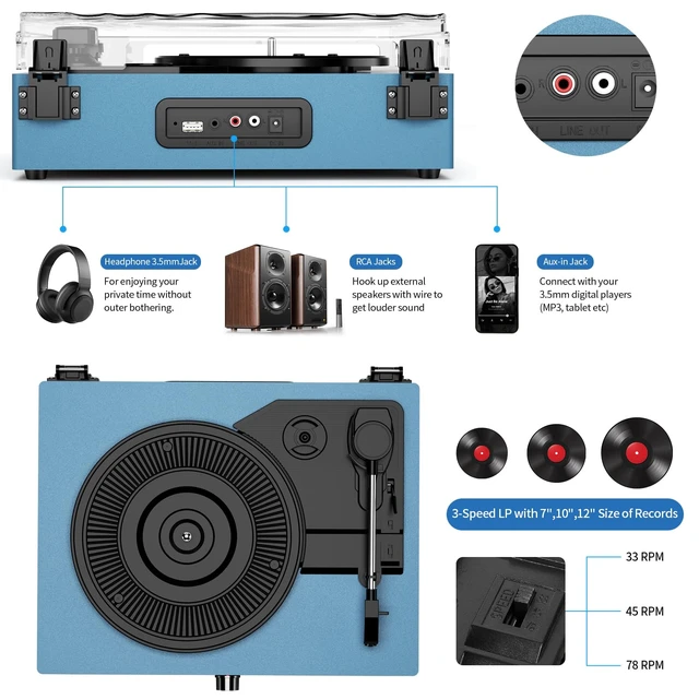 Alt view image 3 of 7 - Vintage Wooden Record Player with Bluetooth 3-Speed Belt-Driven Turntable Built-in Speakers, Beginner Friendly Retro Phonograph for Home Decor, for Vinyl Enthusiasts (Frosted Blue)