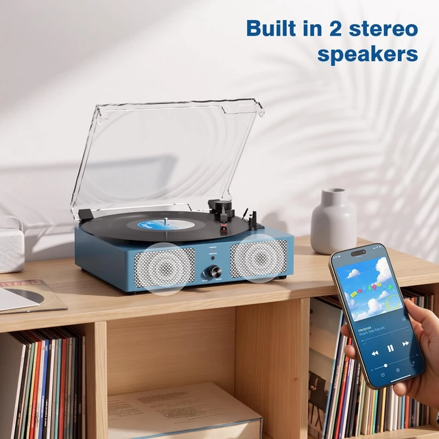 Alt view image 5 of 7 - Vintage Wooden Record Player with Bluetooth 3-Speed Belt-Driven Turntable Built-in Speakers, Beginner Friendly Retro Phonograph for Home Decor, for Vinyl Enthusiasts (Frosted Blue)