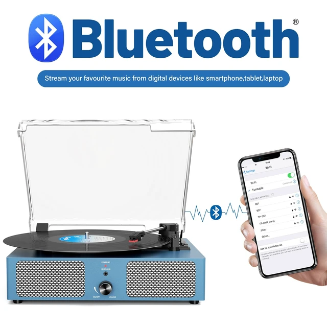 Alt view image 2 of 7 - Vintage Wooden Record Player with Bluetooth 3-Speed Belt-Driven Turntable Built-in Speakers, Beginner Friendly Retro Phonograph for Home Decor, for Vinyl Enthusiasts (Frosted Blue)