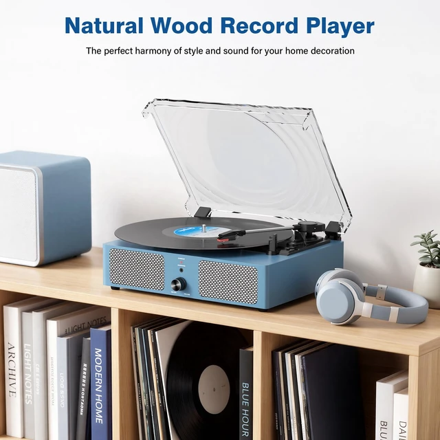 Alt view image 6 of 7 - Vintage Wooden Record Player with Bluetooth 3-Speed Belt-Driven Turntable Built-in Speakers, Beginner Friendly Retro Phonograph for Home Decor, for Vinyl Enthusiasts (Frosted Blue)