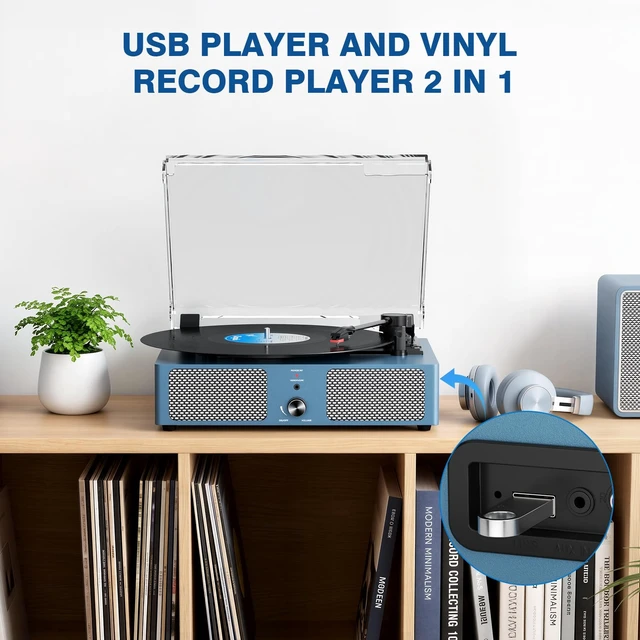 Alt view image 7 of 7 - Vintage Wooden Record Player with Bluetooth 3-Speed Belt-Driven Turntable Built-in Speakers, Beginner Friendly Retro Phonograph for Home Decor, for Vinyl Enthusiasts (Frosted Blue)