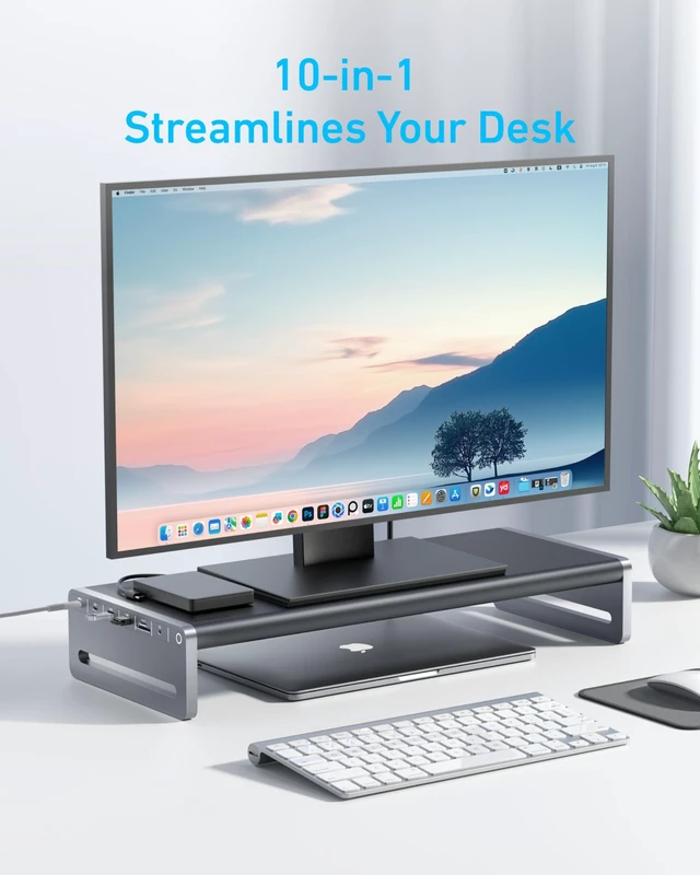 Alt view image 2 of 6 - USB-C Hub, 10-in-1 Aluminum Monitor Stand with 85W Max Charging 5Gbps USB Ports, 4K@60Hz HDMI, Built-in 3.3ft Cable, Clutter-Free Desk for MacBook, Dell and USB-C Devices