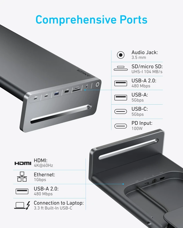 Alt view image 3 of 6 - USB-C Hub, 10-in-1 Aluminum Monitor Stand with 85W Max Charging 5Gbps USB Ports, 4K@60Hz HDMI, Built-in 3.3ft Cable, Clutter-Free Desk for MacBook, Dell and USB-C Devices