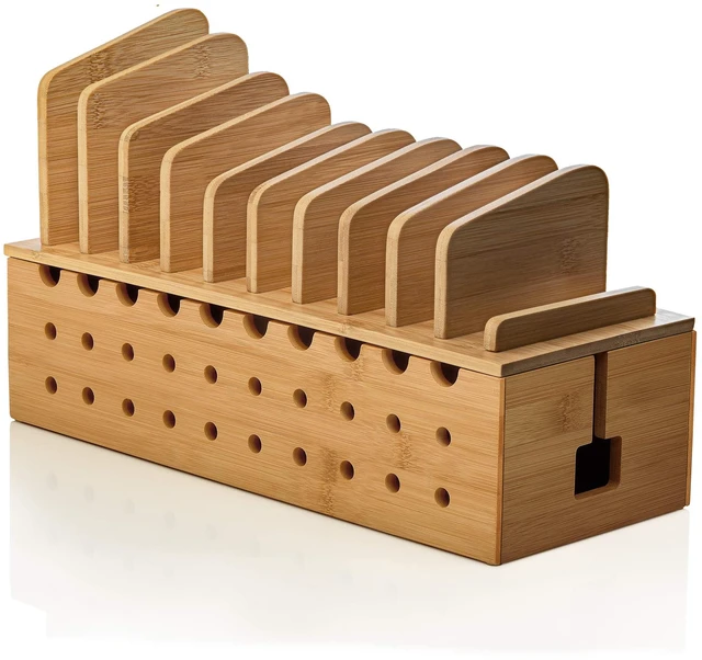 Main image of 10 Device Bamboo Cell Phone Charging Stations Clutter Organizer/Charging Stand for Mobile, iPhone, Laptops & Tablets Best Mobile Accessories