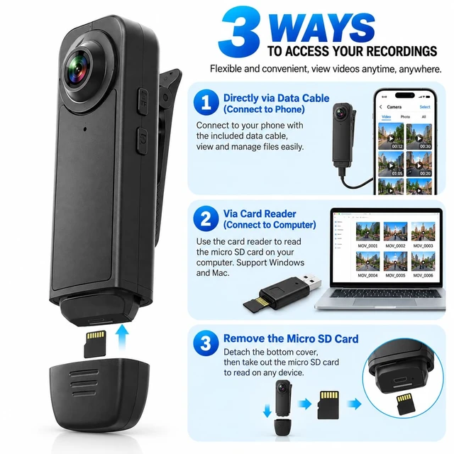 Alt view image 5 of 6 - Mini Body Camera with Audio & Video Recording - Small POV Cam 1080P with 64G Card - Wearable Personal Portable Cameras Recorder DV - Night Version Camcorder for Security Work Records Guard Traveling