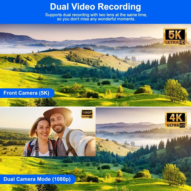 Alt view image 2 of 6 - 5K Camcorder Video Camera, Night Vision, Dual Lens, 3" Touchscreen 5K 56MP Dual Lens (Front 4K/Rear 1080P), 16X Digital Zoom, IR Night Vision, WiFi, Webcam/HDMI, 32GB Card, Mic, Vlogging Kit